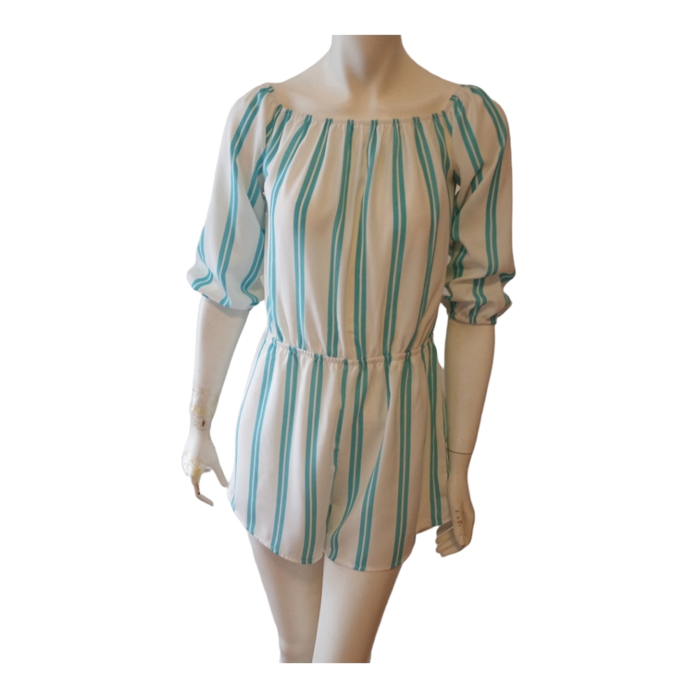 New Light Turquoise & White Striped Romper XL 3/4 Sleeve Elastic Waist